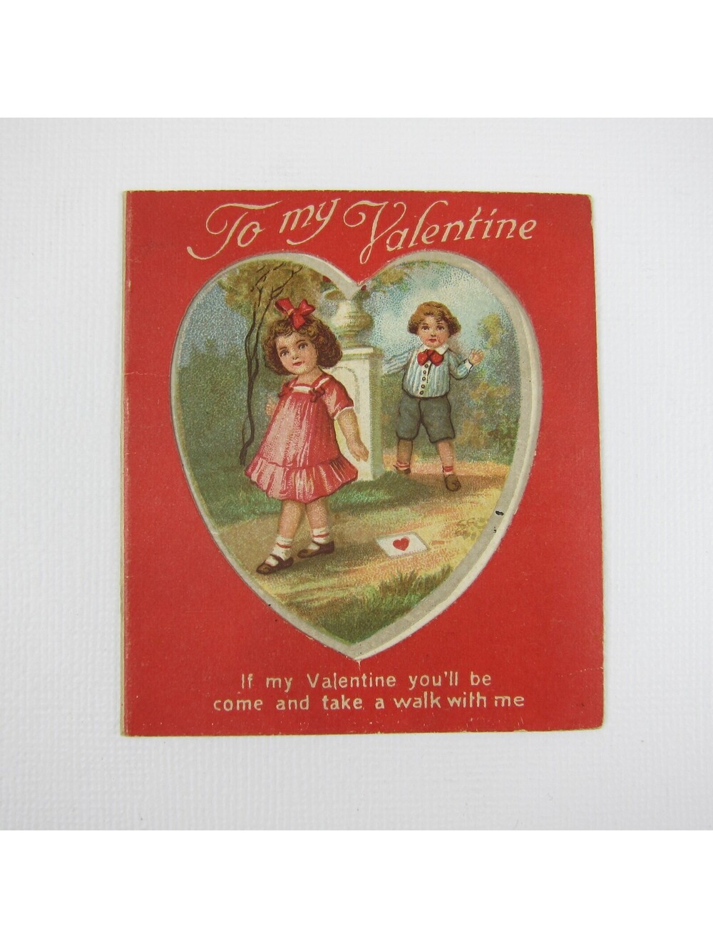 Vintage Valentine Boy Girl Pink Dress Walking By Red Heart Die Cut Window Bifold